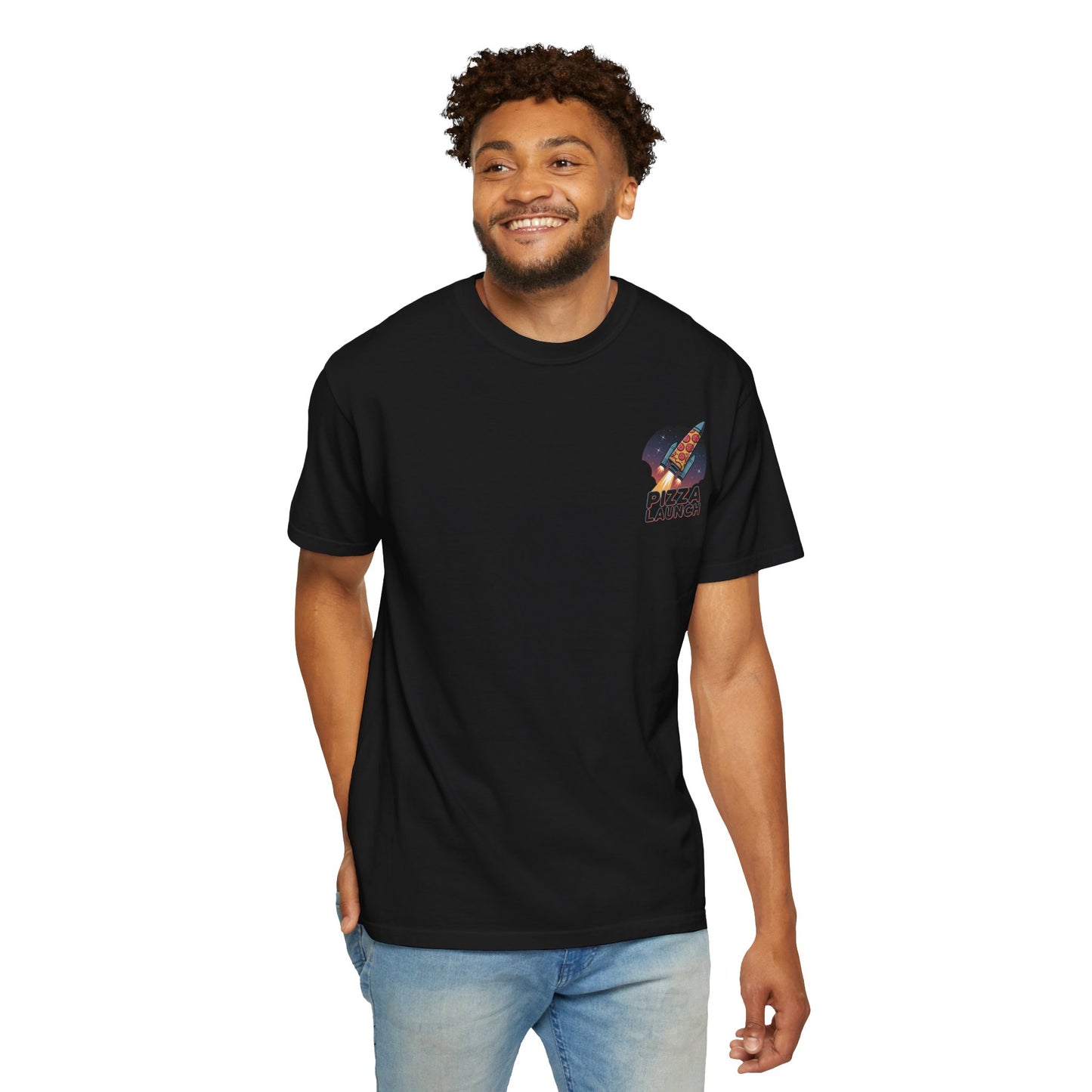 Pizza Launch Unisex Garment-Dyed T-shirt | Fun Space Design, Perfect for Pizza Lovers, Gifts for Foodies, Casual Wear, Space Theme