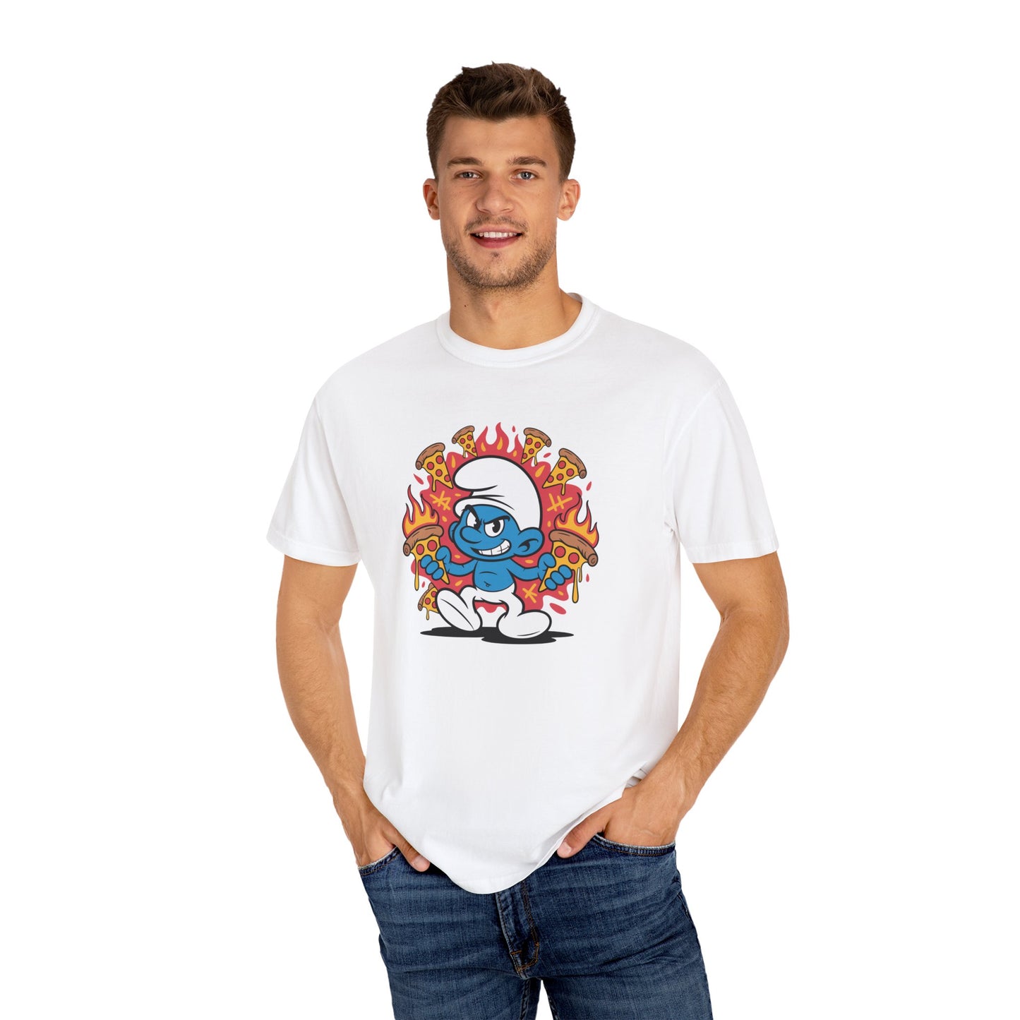 Flaming Pizza Hero Smurf T-shirt
