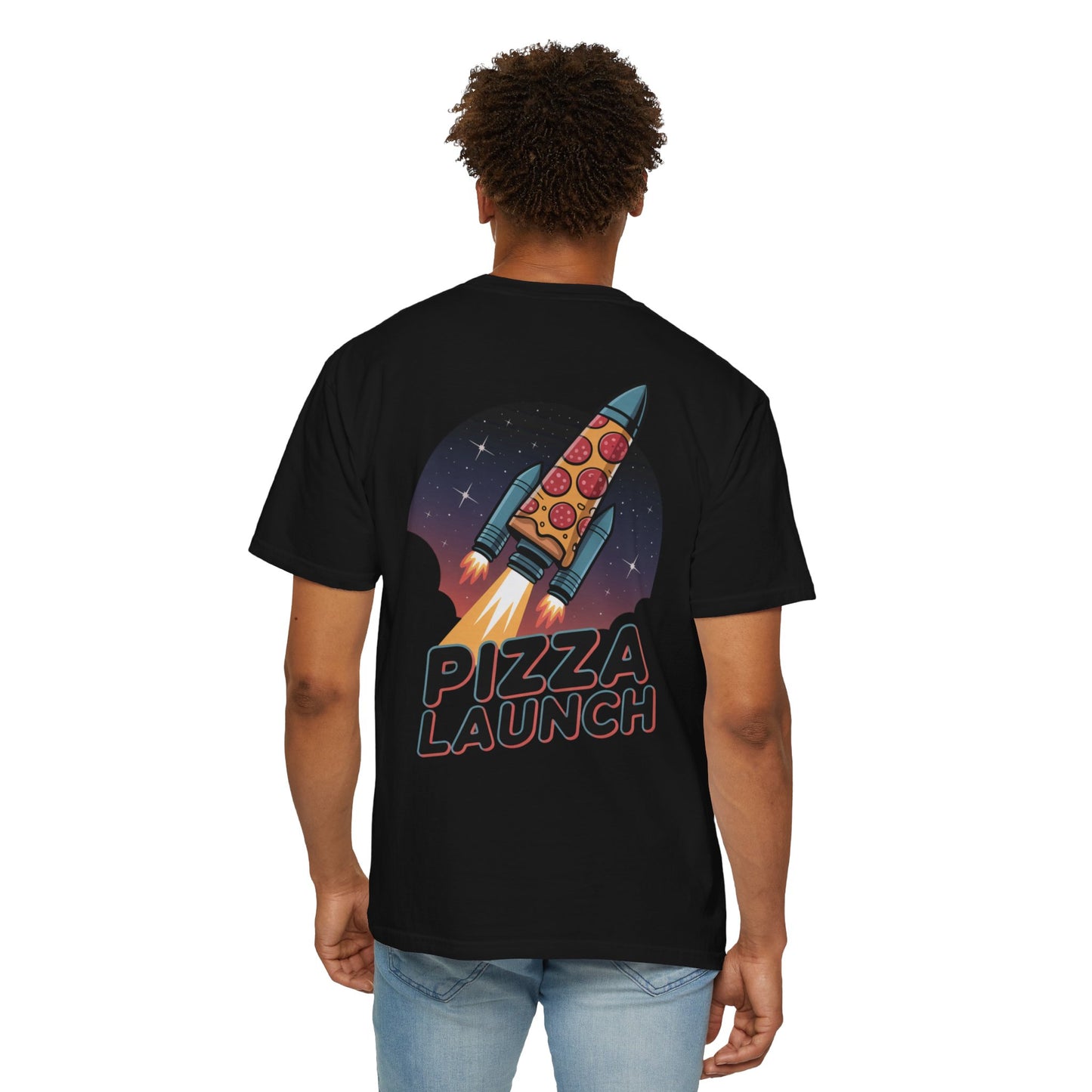 Pizza Launch Unisex Garment-Dyed T-shirt | Fun Space Design, Perfect for Pizza Lovers, Gifts for Foodies, Casual Wear, Space Theme