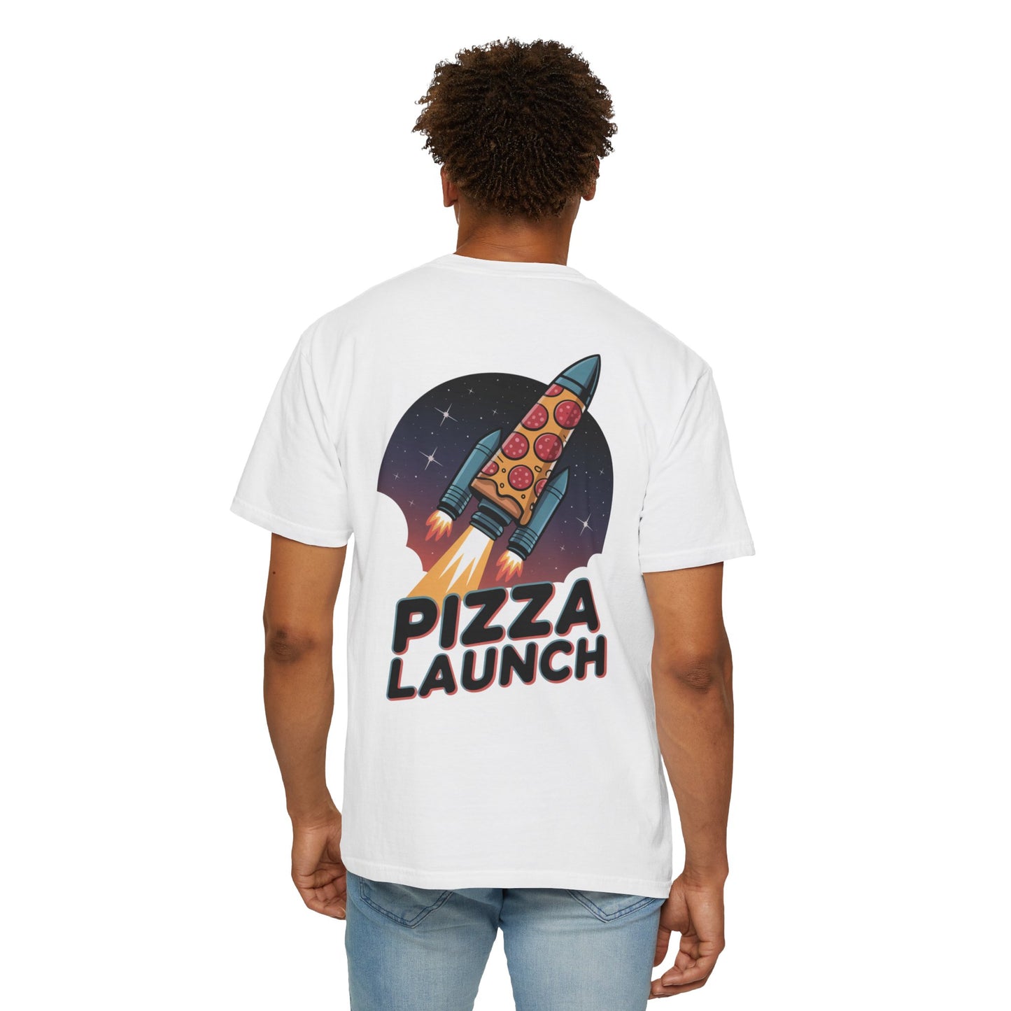 Pizza Launch Unisex Garment-Dyed T-shirt | Fun Space Design, Perfect for Pizza Lovers, Gifts for Foodies, Casual Wear, Space Theme