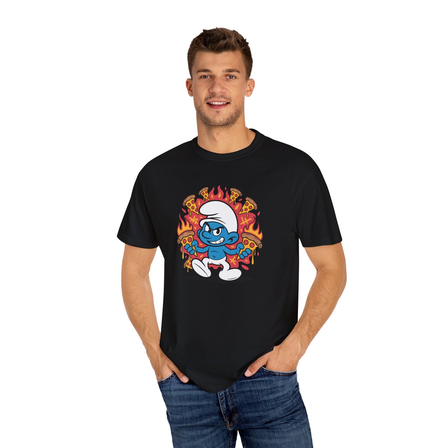 Flaming Pizza Hero Smurf T-shirt