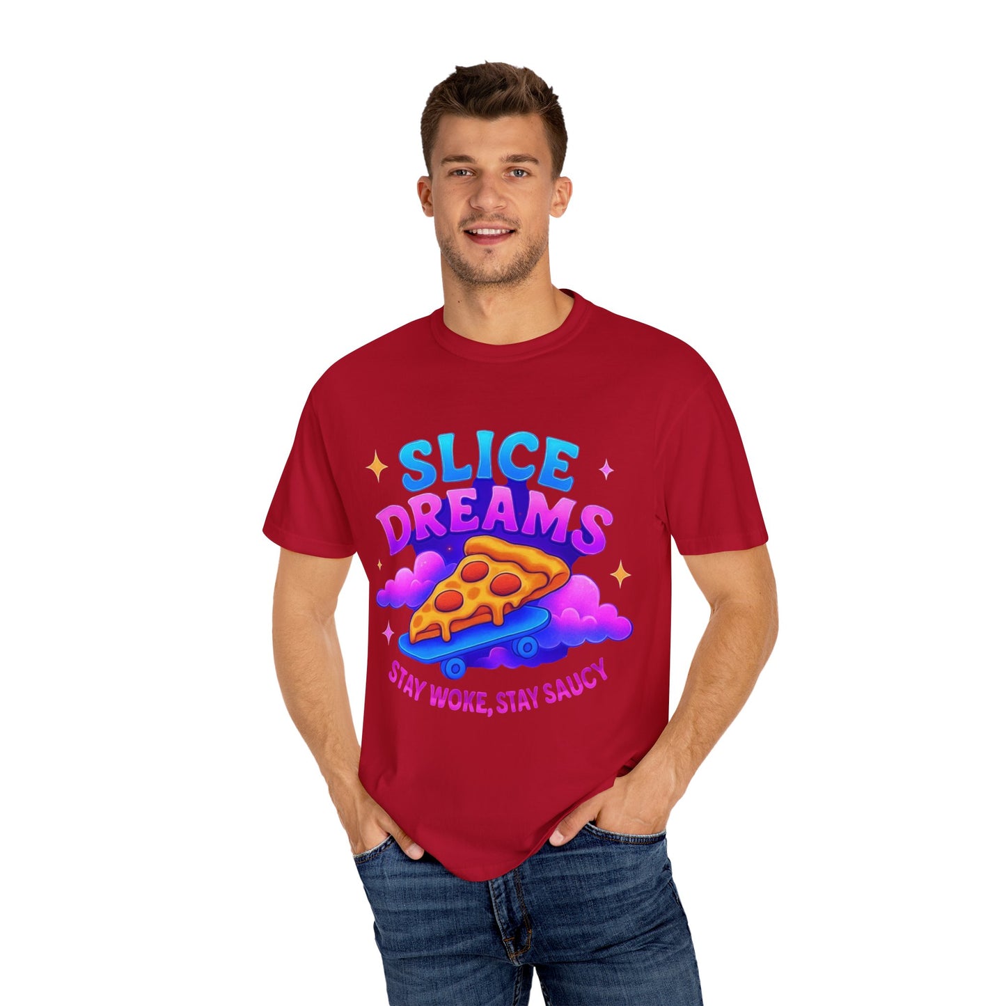 Slice Dreams Pizza T-Shirt, Unisex Graphic Tee, Fun Food Shirt, Stay Woke Stay Saucy Apparel, Summer Casual Wear