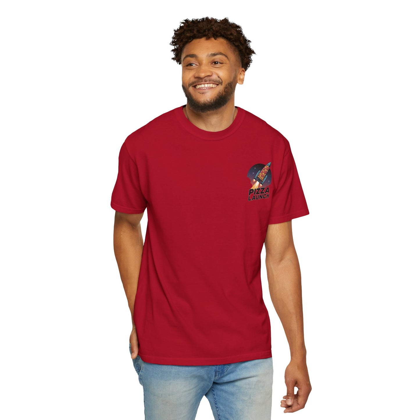 Pizza Launch Unisex Garment-Dyed T-shirt | Fun Space Design, Perfect for Pizza Lovers, Gifts for Foodies, Casual Wear, Space Theme