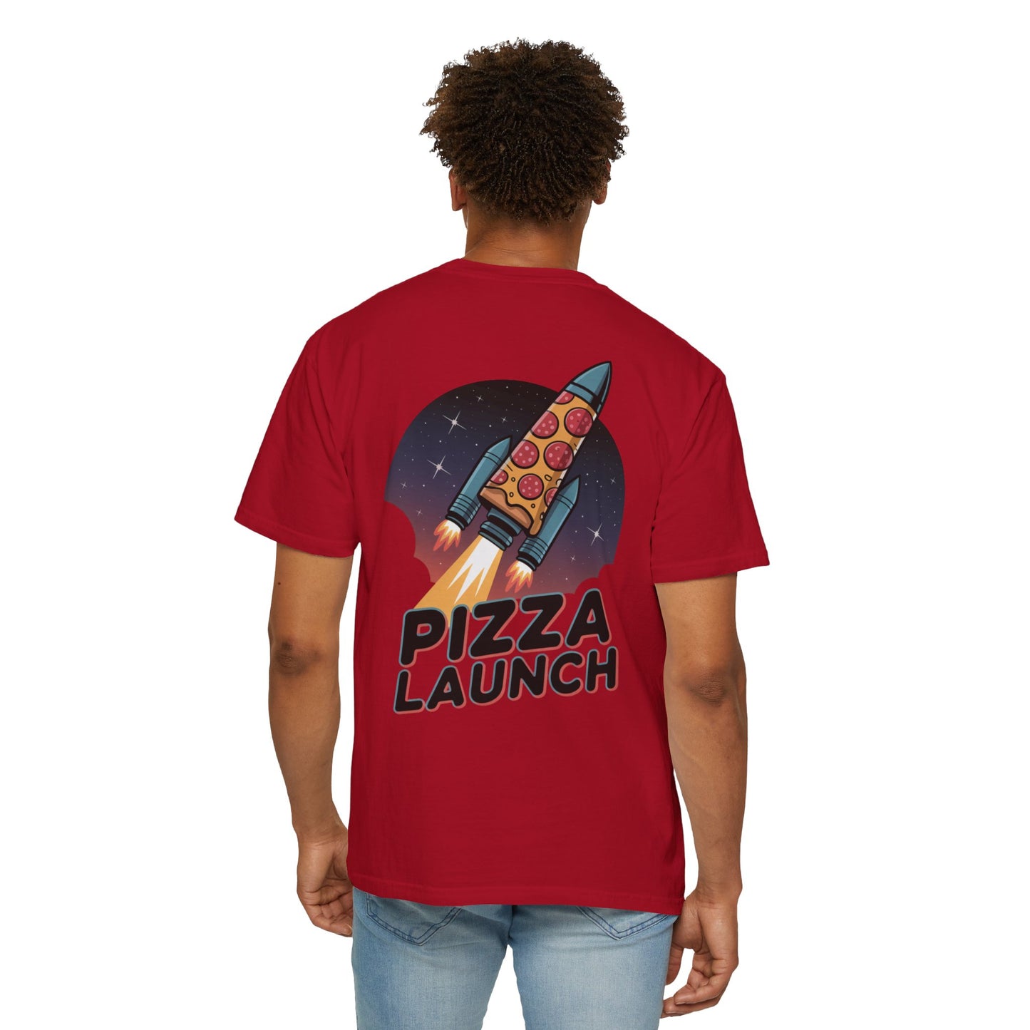 Pizza Launch Unisex Garment-Dyed T-shirt | Fun Space Design, Perfect for Pizza Lovers, Gifts for Foodies, Casual Wear, Space Theme