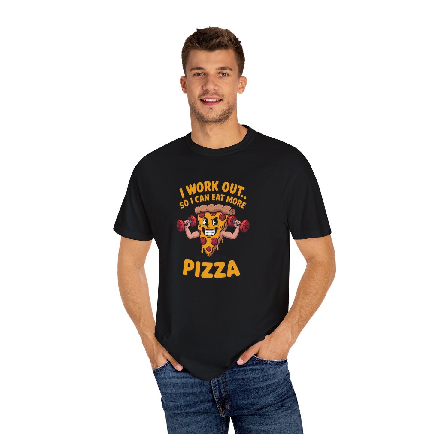 Man wearing a black t-shirt with pizza-themed graphic and text.