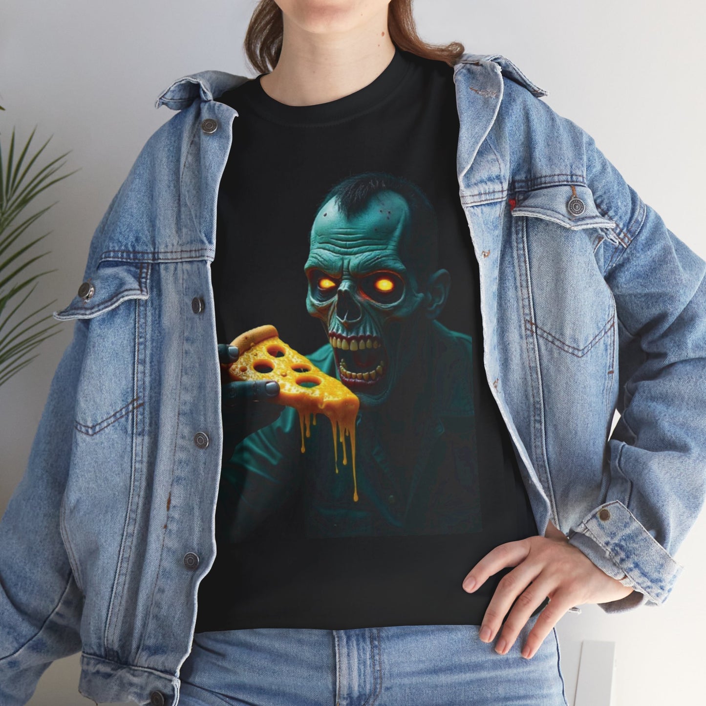 Zombie Pizza Lover Unisex Heavy Cotton Tee, Graphic Tee for Halloween, Casual Wear, Horror Fan Gift, Movie Night Shirt