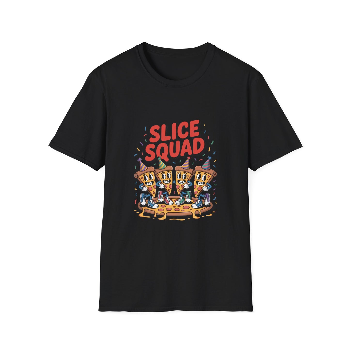 Slice Squad Unisex Softstyle T-Shirt - Fun & Playful Pizza Design