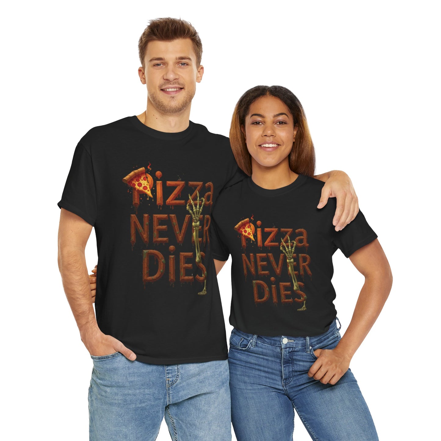 Pizza Never Dies Unisex Heavy Cotton Tee | Funny Pizza Lover Gift, Casual Wear, Foodie T-Shirt, Unique Birthday Present, Quirky Gift