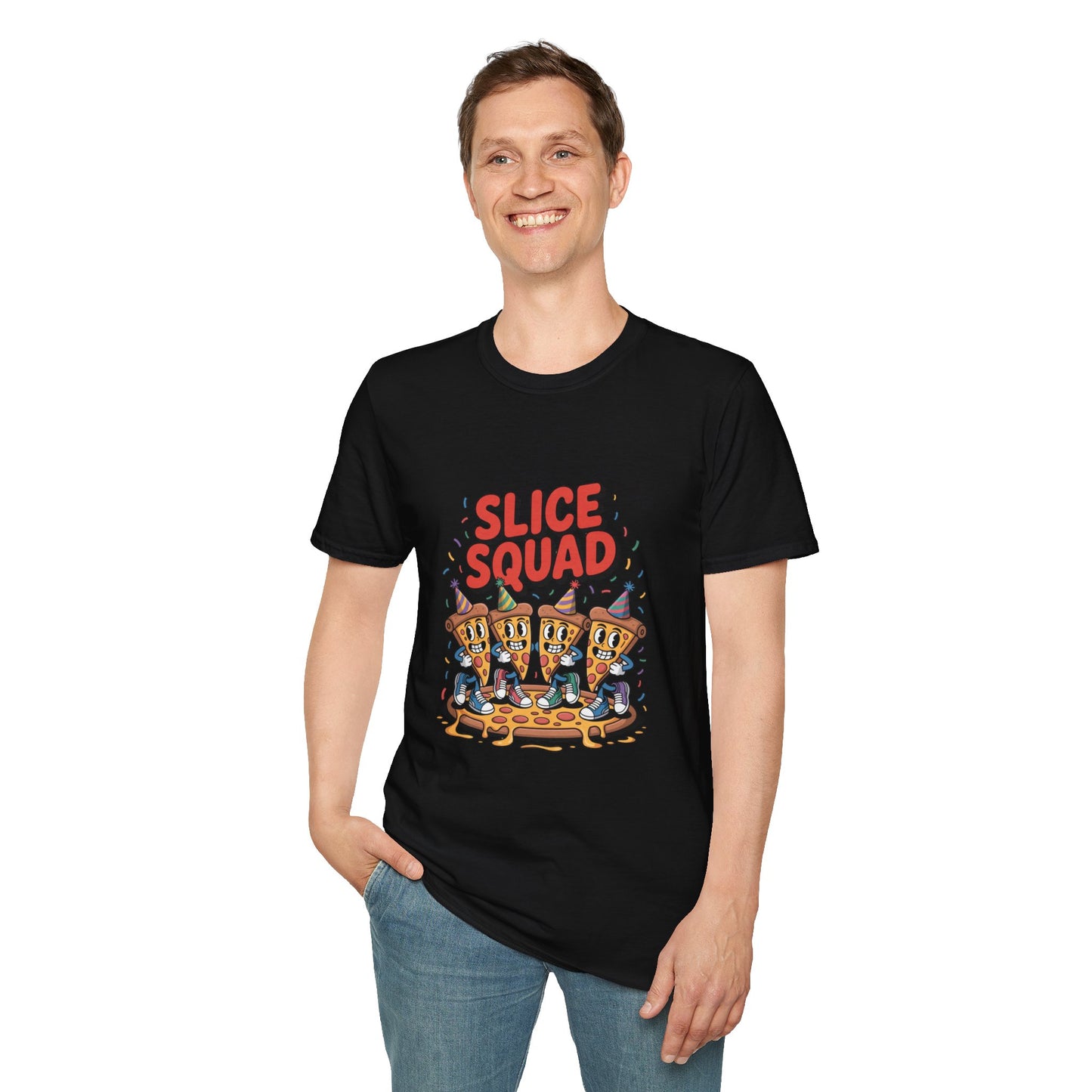 Slice Squad Unisex Softstyle T-Shirt - Fun & Playful Pizza Design