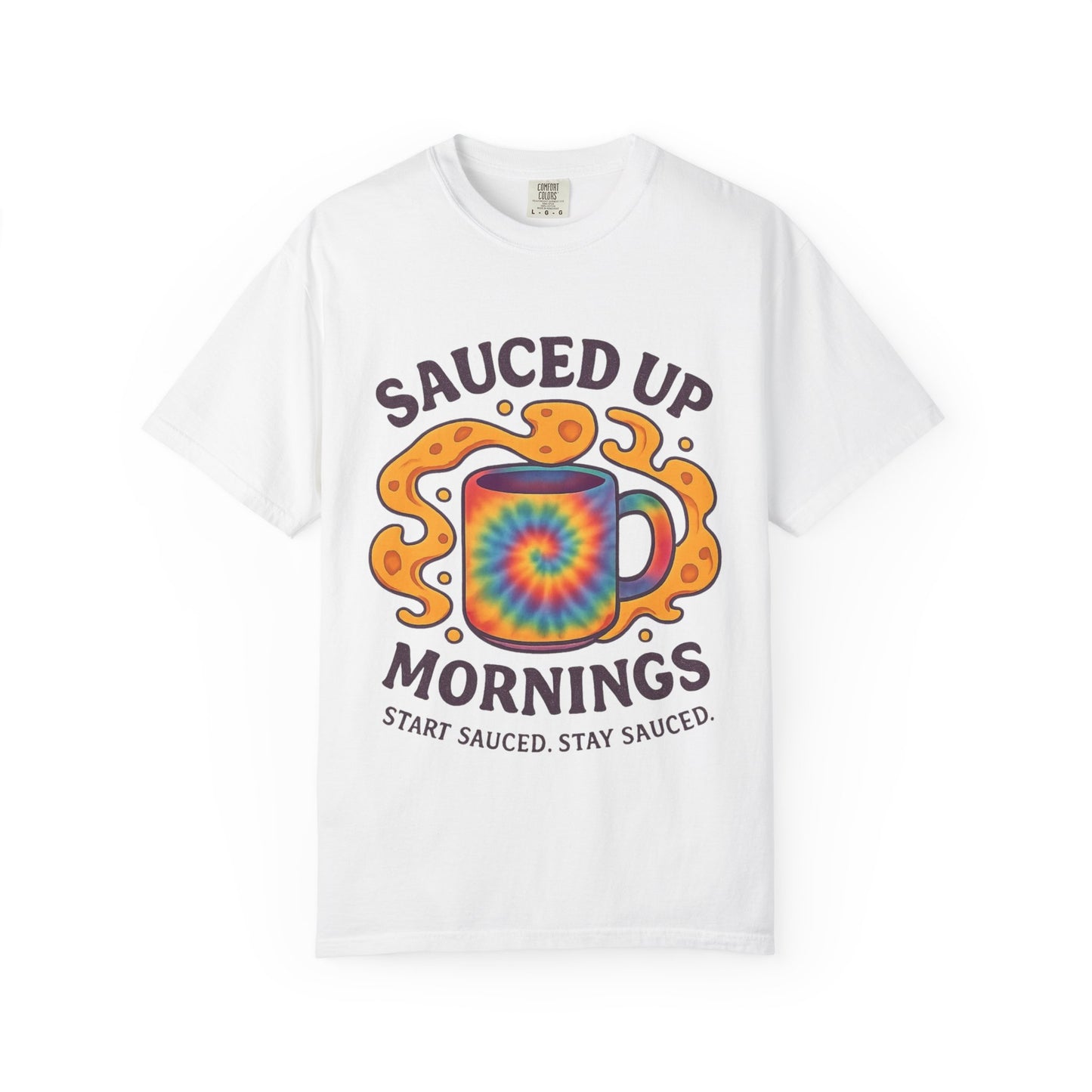 Vibrant Coffee Lover T-Shirt | Sauced Up Mornings Tee for Chill Vibes | Unisex Gift for Friends, Fun Mornings, Coffee Enthusiasts