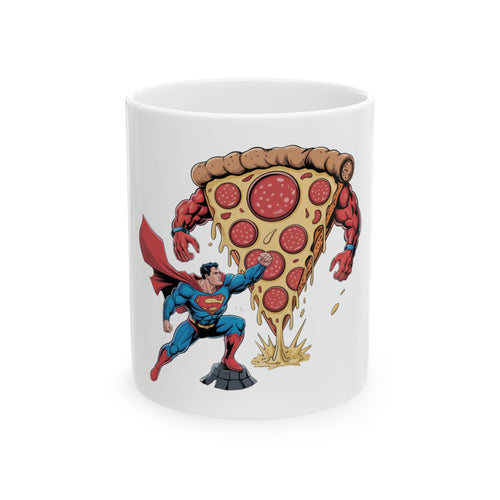 Superhero Pizza Ceramic Mug, Fun Coffee Cup, Gamer Gift, Funny Kitchenware, Birthday or Party Favor