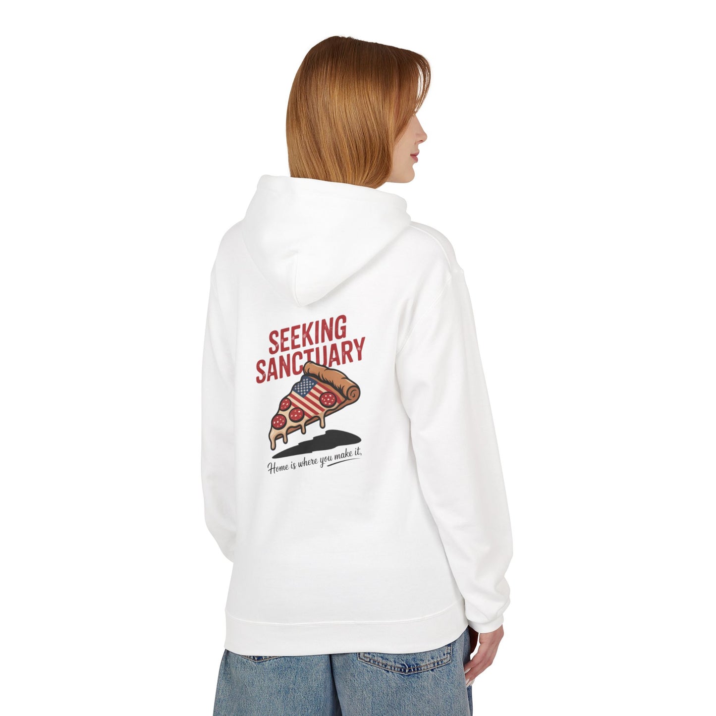 Cozy Pizza Hoodie: Seeking Sanctuary, Unisex Hoodie, Gift for Foodies, Winter Wear, Comfy Sweatshirt, Casual Style, Relaxation Apparel