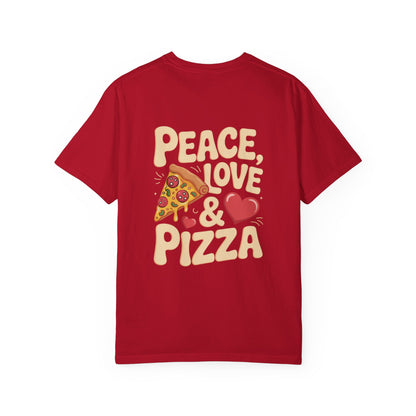 Peace, Love & Pizza Unisex Garment-Dyed T-shirt - Fun Casual Tee for Pizza Lovers, Perfect for Gifts, Parties, and Everyday Wear