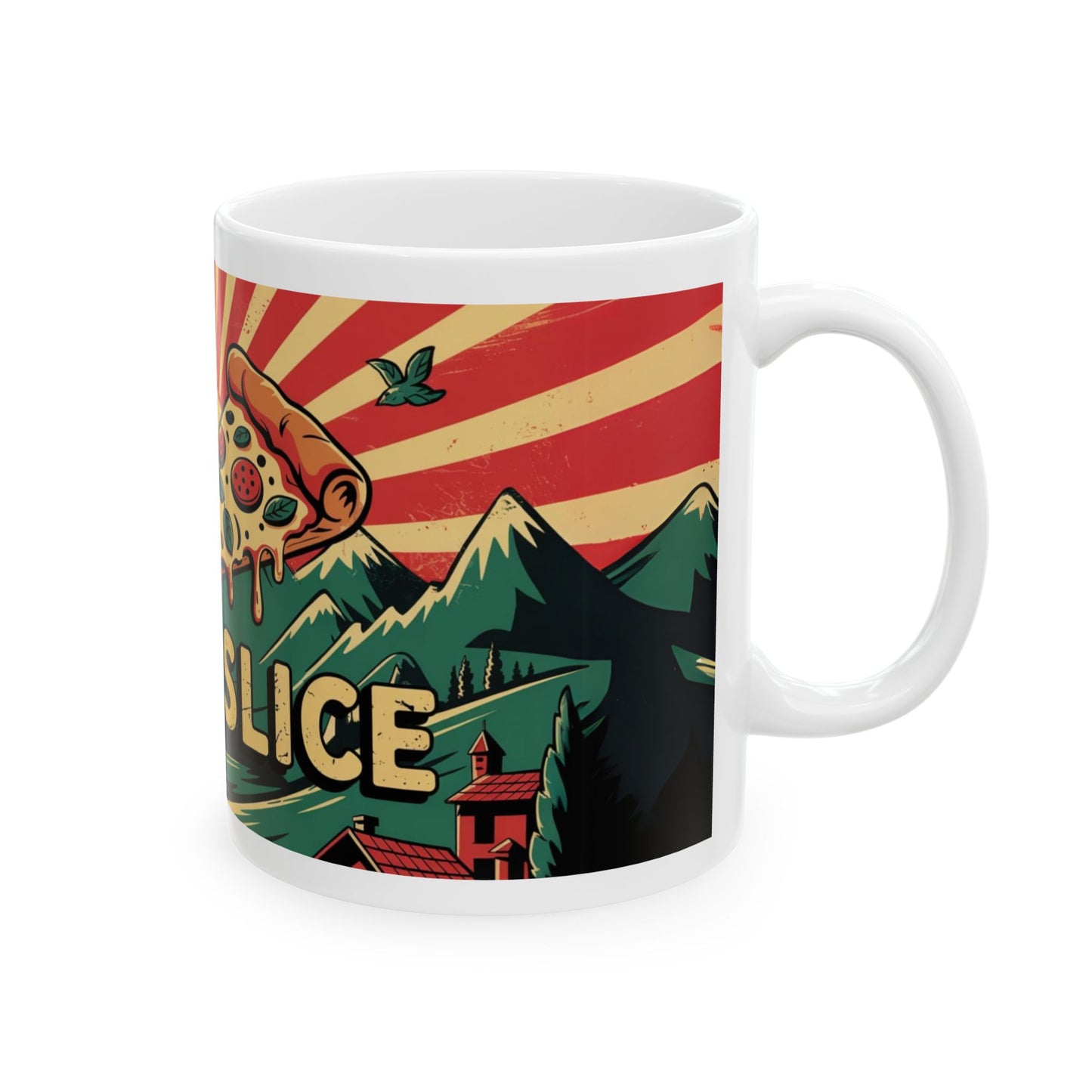 Rise & Slice Pizza Ceramic Mug - Vibrant Mountain Design 11oz & 15oz