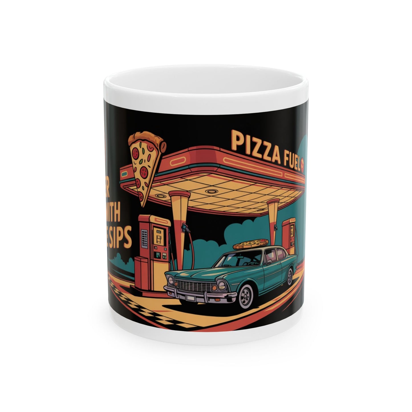 Retro Pizza Fuel Ceramic Mug - Perfect for Car Lovers and Foodies