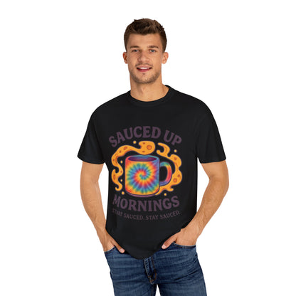 Vibrant Coffee Lover T-Shirt | Sauced Up Mornings Tee for Chill Vibes | Unisex Gift for Friends, Fun Mornings, Coffee Enthusiasts