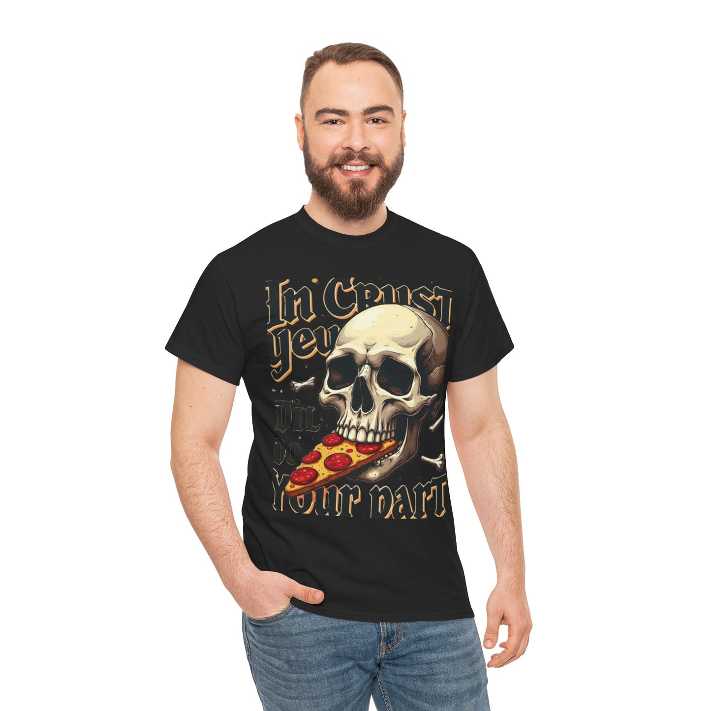 Skull Pizza Tee, Unisex Heavy Cotton Tee, Halloween Shirt, Funny Pizza T-Shirt, Gift for Food Lovers, Graphic Tee for Parties