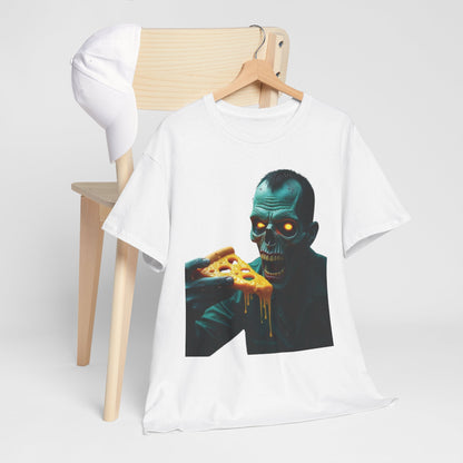 Zombie Pizza Lover Unisex Heavy Cotton Tee, Graphic Tee for Halloween, Casual Wear, Horror Fan Gift, Movie Night Shirt