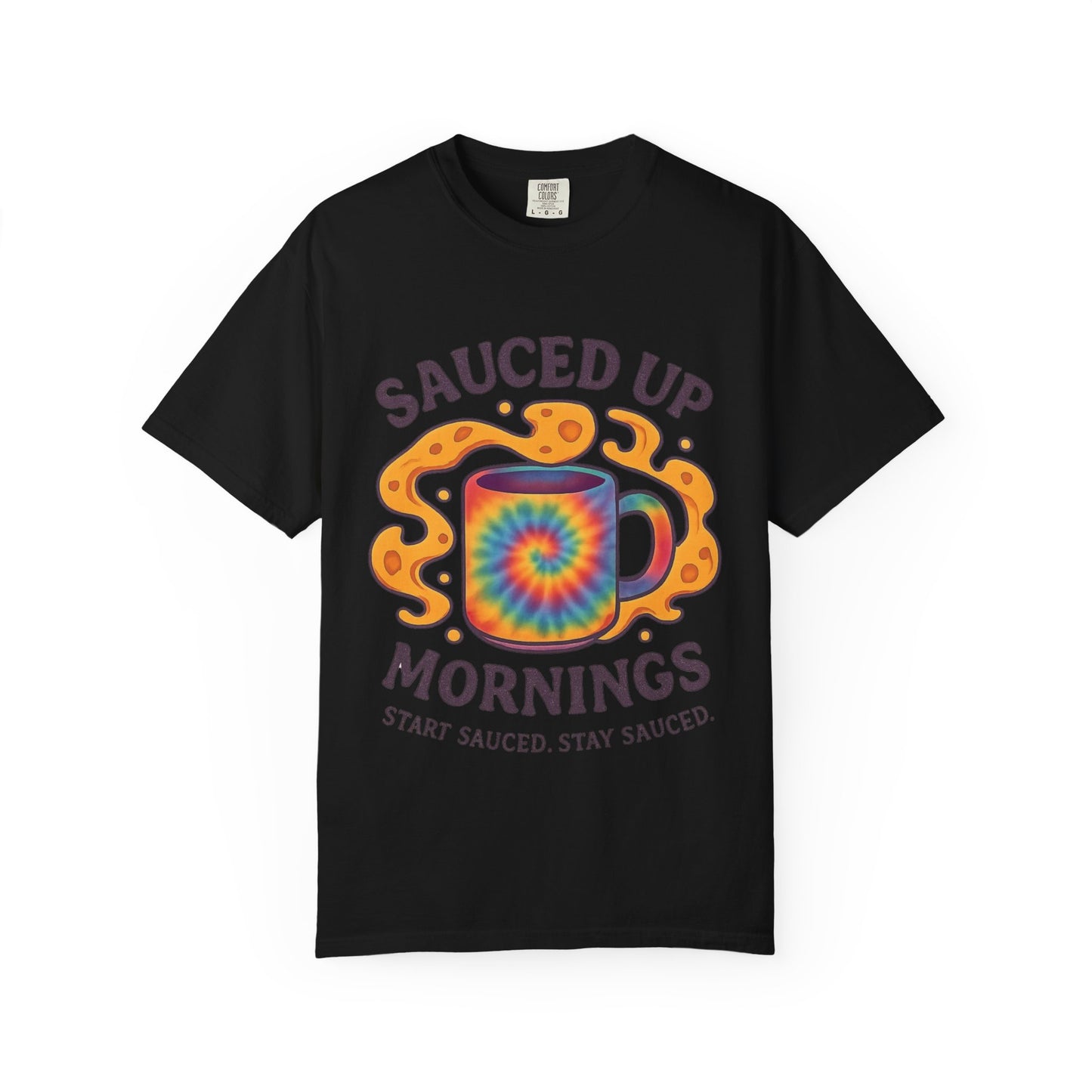 Vibrant Coffee Lover T-Shirt | Sauced Up Mornings Tee for Chill Vibes | Unisex Gift for Friends, Fun Mornings, Coffee Enthusiasts