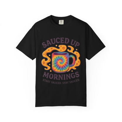 Vibrant Coffee Lover T-Shirt | Sauced Up Mornings Tee for Chill Vibes | Unisex Gift for Friends, Fun Mornings, Coffee Enthusiasts