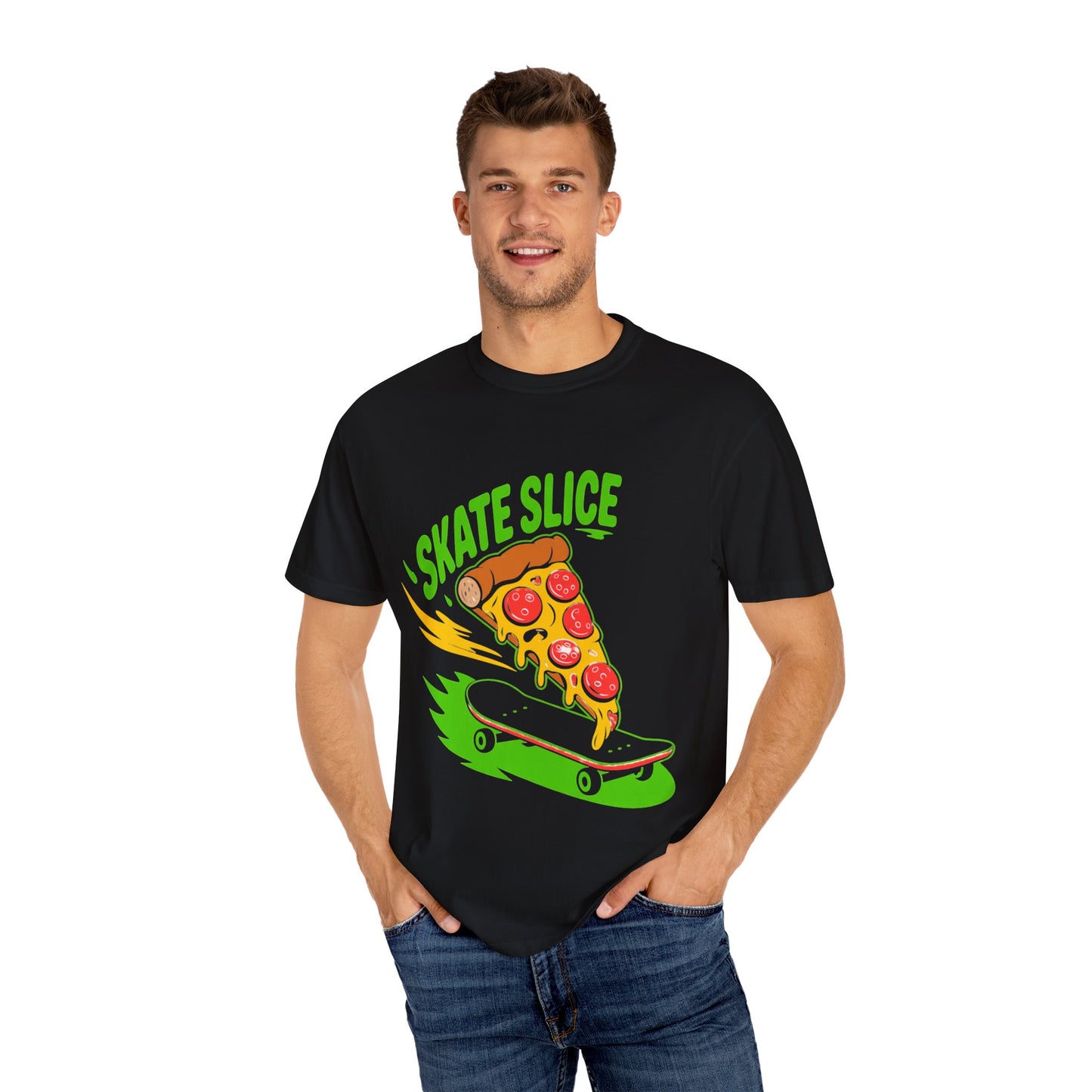 Skate Slice Unisex Garment-Dyed T-Shirt - Fun Skateboarding Pizza Design