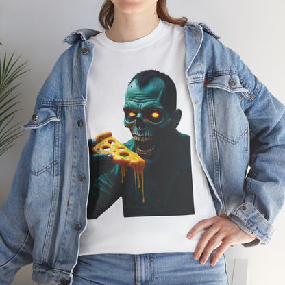 Zombie Pizza Lover Unisex Heavy Cotton Tee, Graphic Tee for Halloween, Casual Wear, Horror Fan Gift, Movie Night Shirt