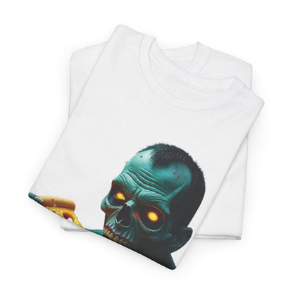 Zombie Pizza Lover Unisex Heavy Cotton Tee, Graphic Tee for Halloween, Casual Wear, Horror Fan Gift, Movie Night Shirt