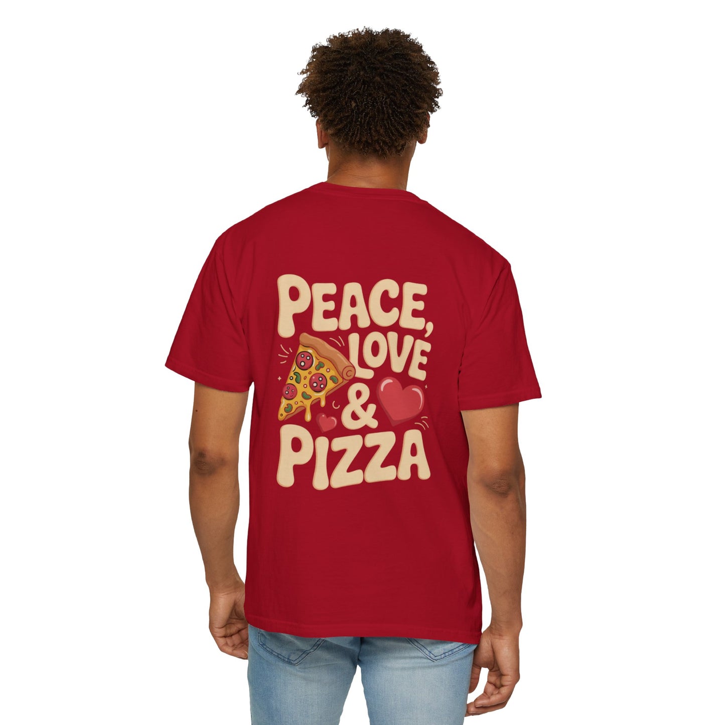 Peace, Love & Pizza Unisex Garment-Dyed T-shirt - Fun Casual Tee for Pizza Lovers, Perfect for Gifts, Parties, and Everyday Wear