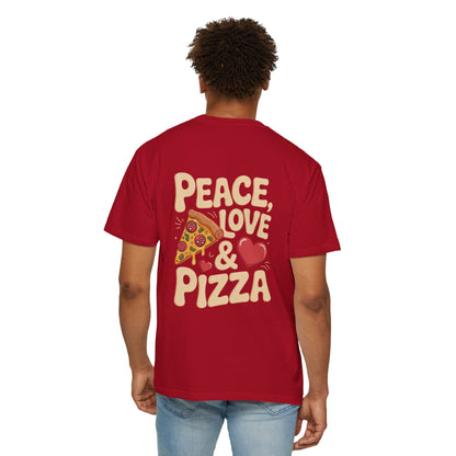 Peace, Love & Pizza Unisex Garment-Dyed T-shirt - Fun Casual Tee for Pizza Lovers, Perfect for Gifts, Parties, and Everyday Wear