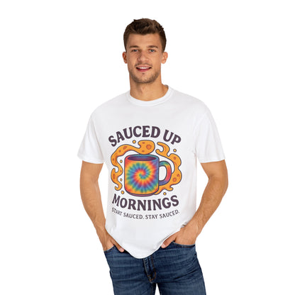 Vibrant Coffee Lover T-Shirt | Sauced Up Mornings Tee for Chill Vibes | Unisex Gift for Friends, Fun Mornings, Coffee Enthusiasts