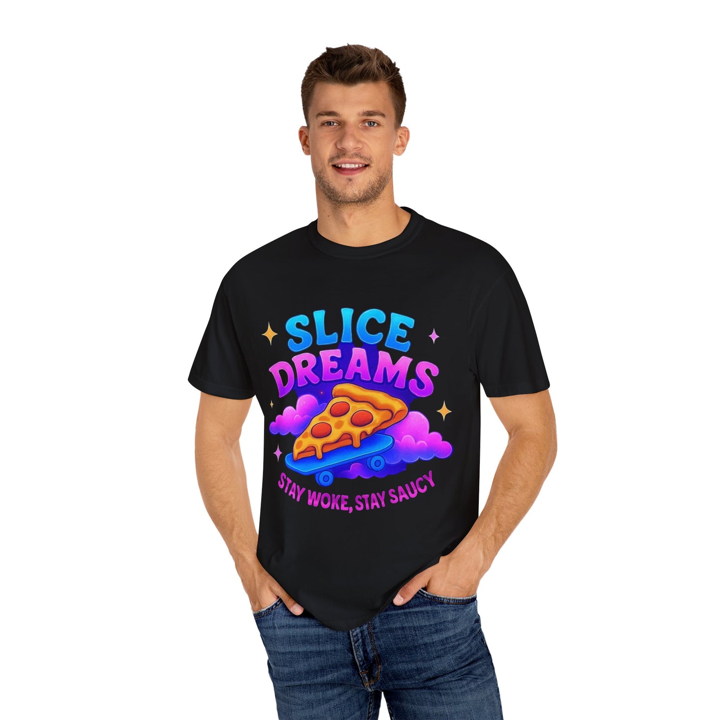 Slice Dreams Pizza T-Shirt, Unisex Graphic Tee, Fun Food Shirt, Stay Woke Stay Saucy Apparel, Summer Casual Wear