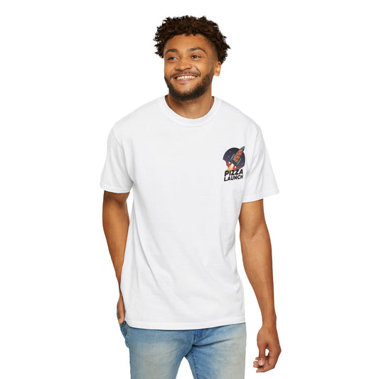 Pizza Launch Unisex Garment-Dyed T-shirt | Fun Space Design, Perfect for Pizza Lovers, Gifts for Foodies, Casual Wear, Space Theme
