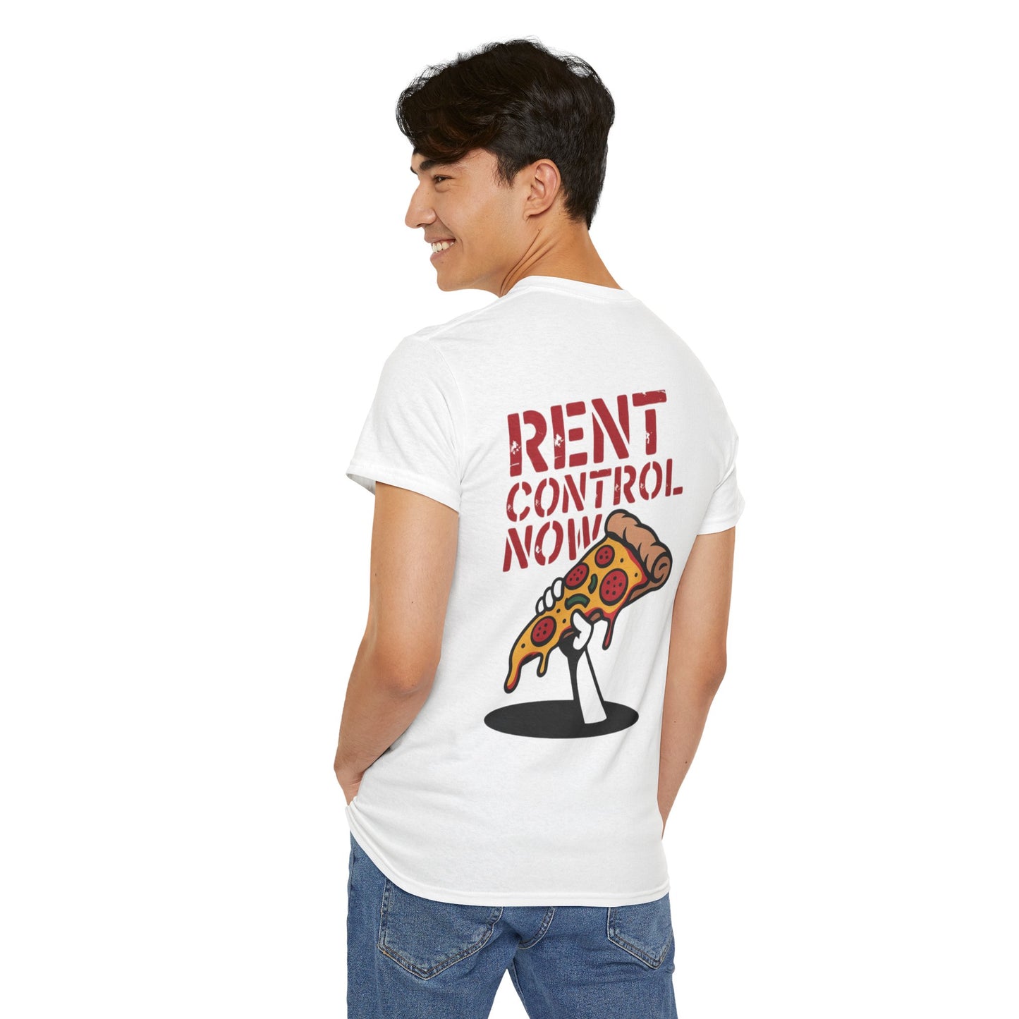 Rent Control Now Unisex Tee, Funny Graphic Shirt, Gift for Activists, Urban Apparel, Protest Wear, Pizza Lover Tee