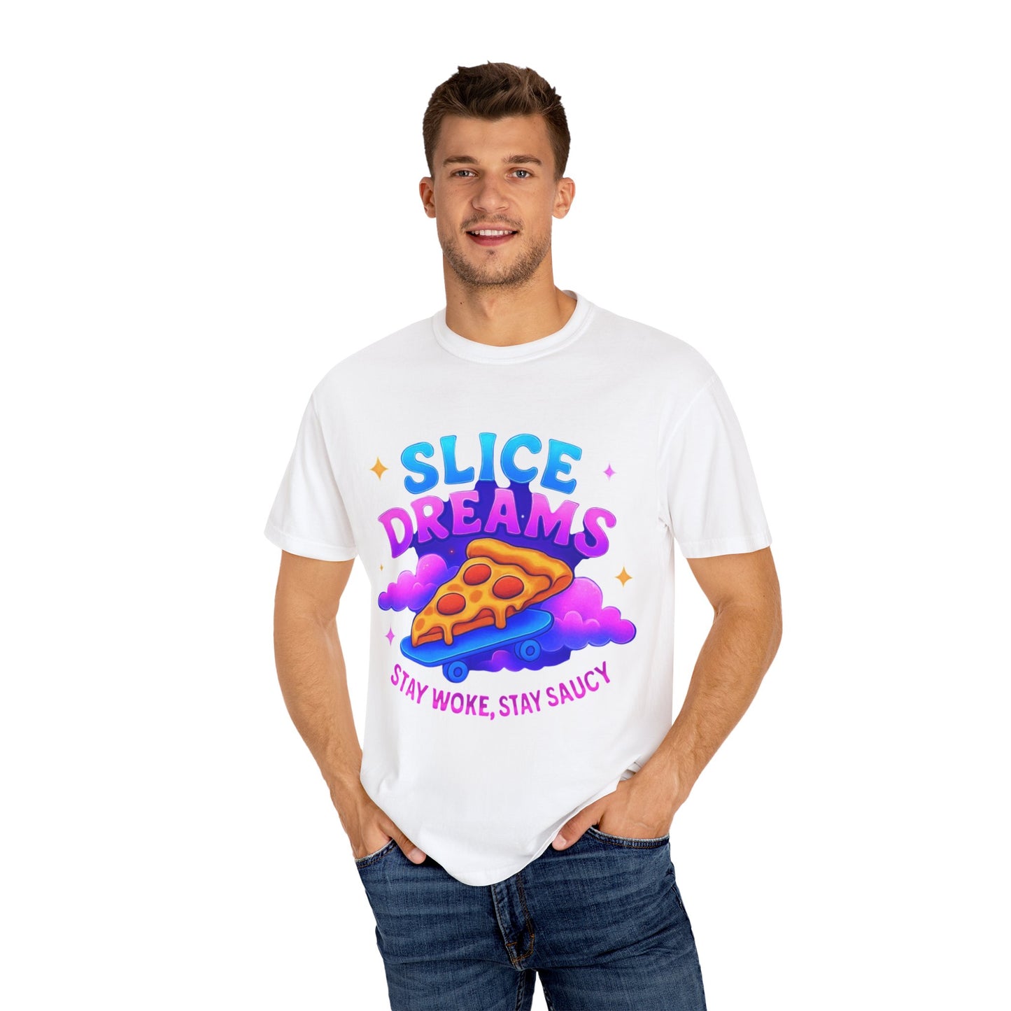Slice Dreams Pizza T-Shirt, Unisex Graphic Tee, Fun Food Shirt, Stay Woke Stay Saucy Apparel, Summer Casual Wear