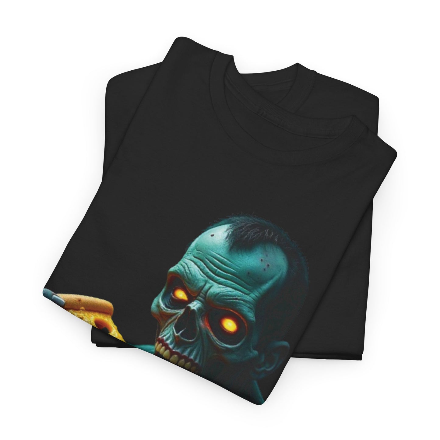 Zombie Pizza Lover Unisex Heavy Cotton Tee, Graphic Tee for Halloween, Casual Wear, Horror Fan Gift, Movie Night Shirt