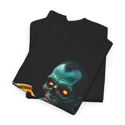 Zombie Pizza Lover Unisex Heavy Cotton Tee, Graphic Tee for Halloween, Casual Wear, Horror Fan Gift, Movie Night Shirt