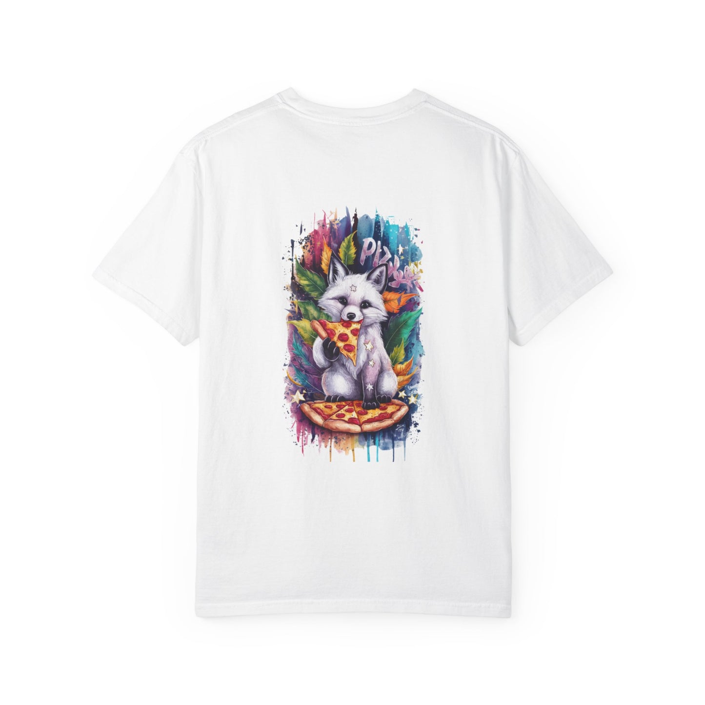 Garment-Dyed T-Shirt with Whimsical Fox Design, Cute Animal Art, Fun Summer Tee, Casual Gift for Kids and Adults, Unique Pizza Lover Shirt