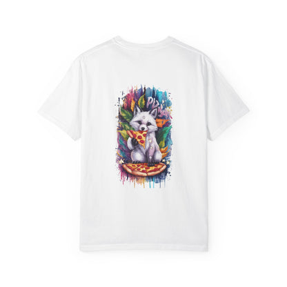 Garment-Dyed T-Shirt with Whimsical Fox Design, Cute Animal Art, Fun Summer Tee, Casual Gift for Kids and Adults, Unique Pizza Lover Shirt