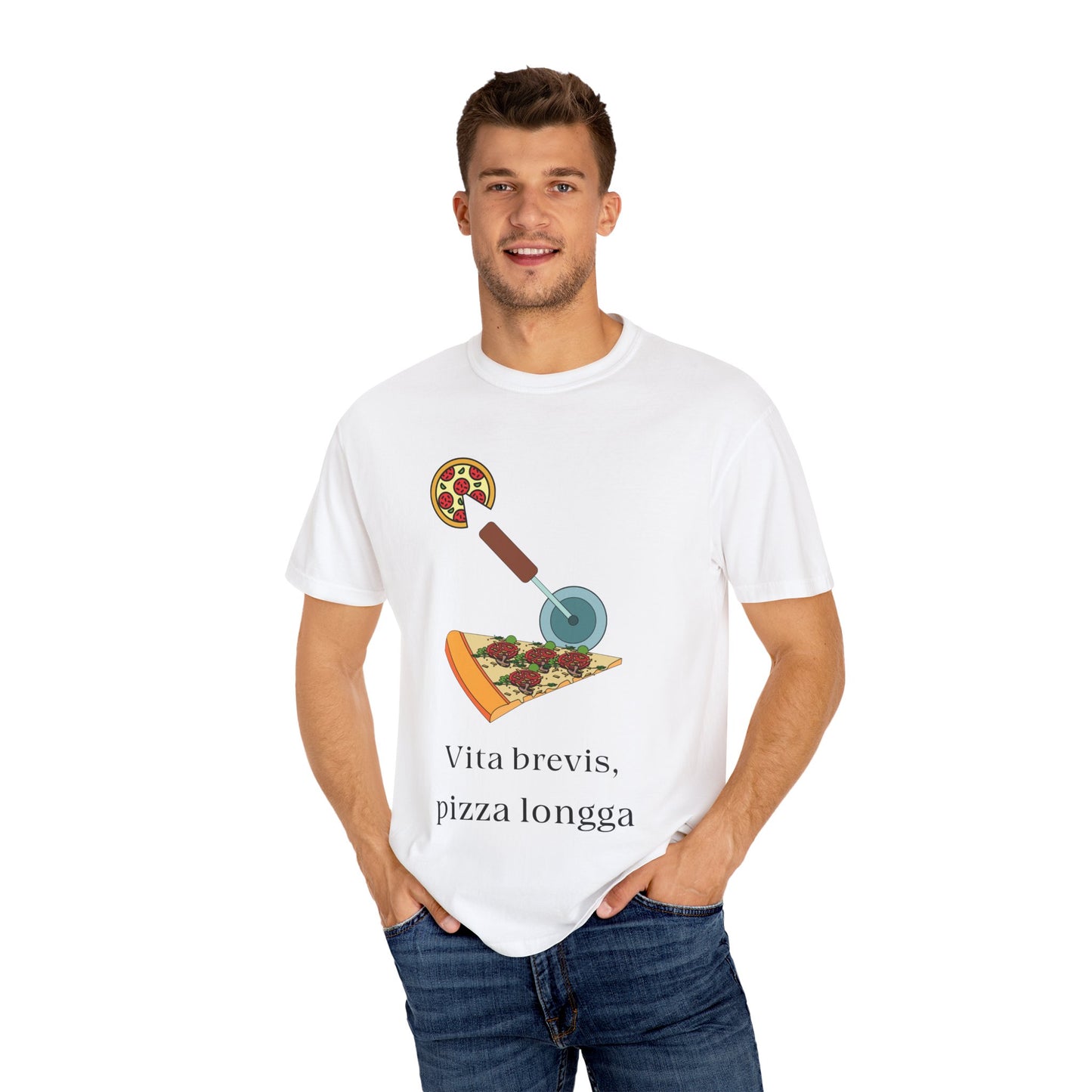 Funny Pizza Lover T-Shirt | "Vita Brevis, Pizza Longa" Design | Unisex Garment-Dyed Tee