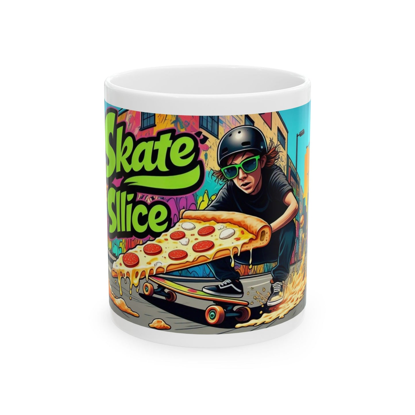 Skate Slice Ceramic Mug - Fun Skateboarding Pizza Theme for Enthusiasts