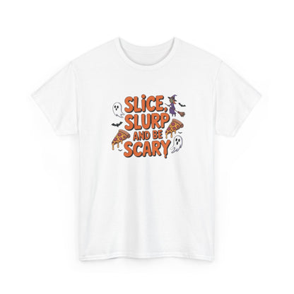 Halloween Themed T-Shirt: 'Slice, Slurp and Be Scary' Family Fun Tee, Spooky Party Shirt, Trick or Treat Top, Ghostly Costume Wear, [...]