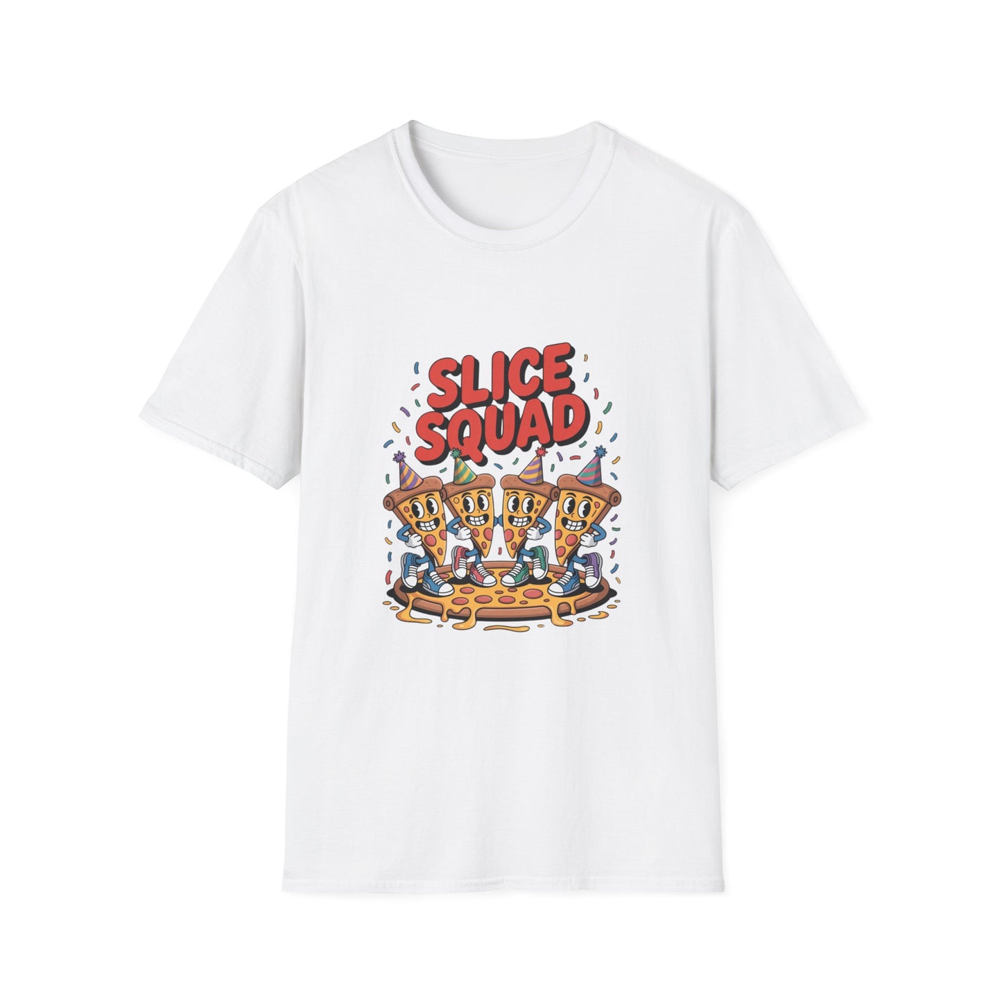 Slice Squad Unisex Softstyle T-Shirt - Fun & Playful Pizza Design