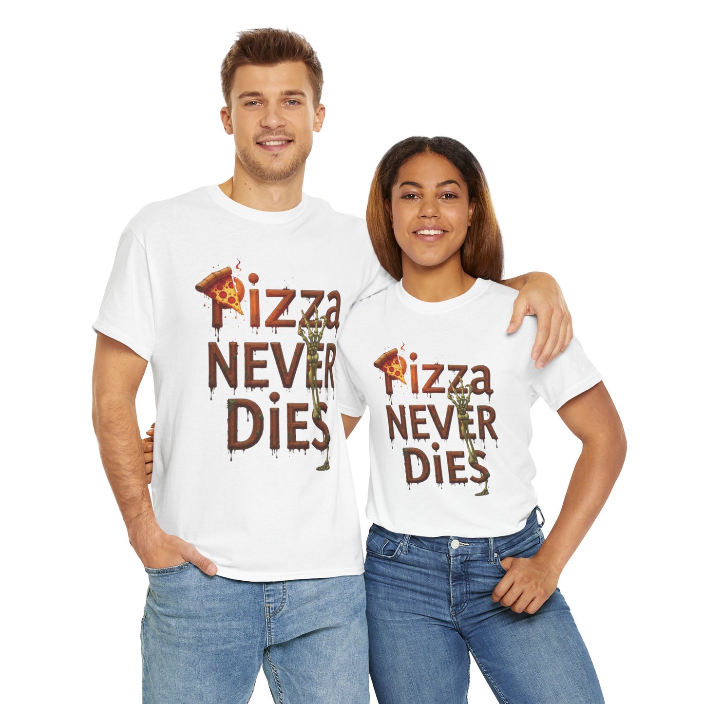 Pizza Never Dies Unisex Heavy Cotton Tee | Funny Pizza Lover Gift, Casual Wear, Foodie T-Shirt, Unique Birthday Present, Quirky Gift
