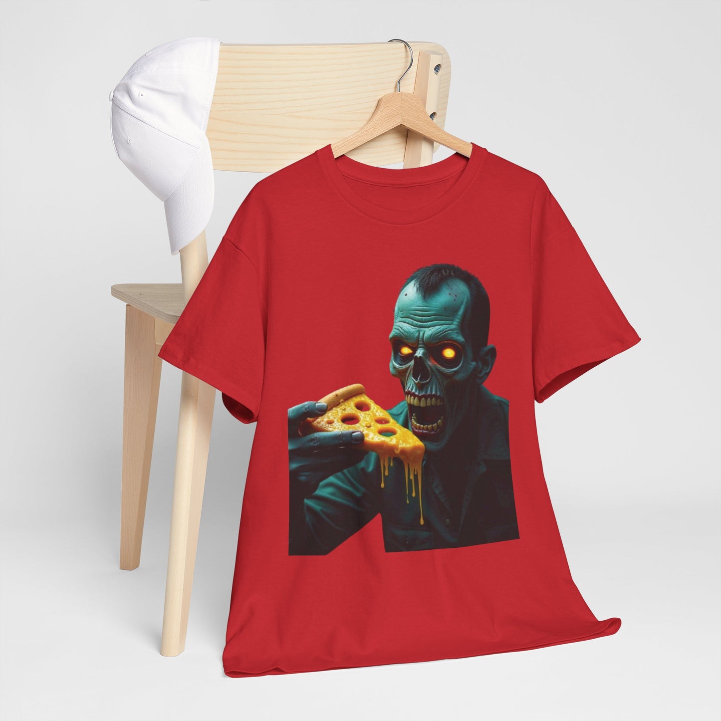 Zombie Pizza Lover Unisex Heavy Cotton Tee, Graphic Tee for Halloween, Casual Wear, Horror Fan Gift, Movie Night Shirt