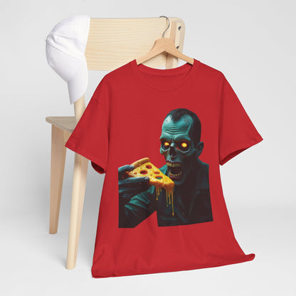 Zombie Pizza Lover Unisex Heavy Cotton Tee, Graphic Tee for Halloween, Casual Wear, Horror Fan Gift, Movie Night Shirt