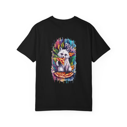 Garment-Dyed T-Shirt with Whimsical Fox Design, Cute Animal Art, Fun Summer Tee, Casual Gift for Kids and Adults, Unique Pizza Lover Shirt