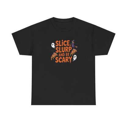 Halloween Themed T-Shirt: 'Slice, Slurp and Be Scary' Family Fun Tee, Spooky Party Shirt, Trick or Treat Top, Ghostly Costume Wear, [...]