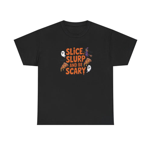 Halloween Themed T-Shirt: 'Slice, Slurp and Be Scary' Family Fun Tee, Spooky Party Shirt, Trick or Treat Top, Ghostly Costume Wear, [...]