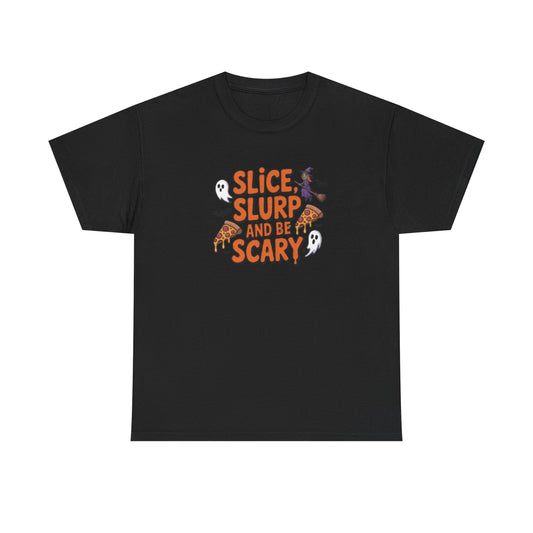 Halloween Themed T-Shirt: 'Slice, Slurp and Be Scary' Family Fun Tee, Spooky Party Shirt, Trick or Treat Top, Ghostly Costume Wear, [...]