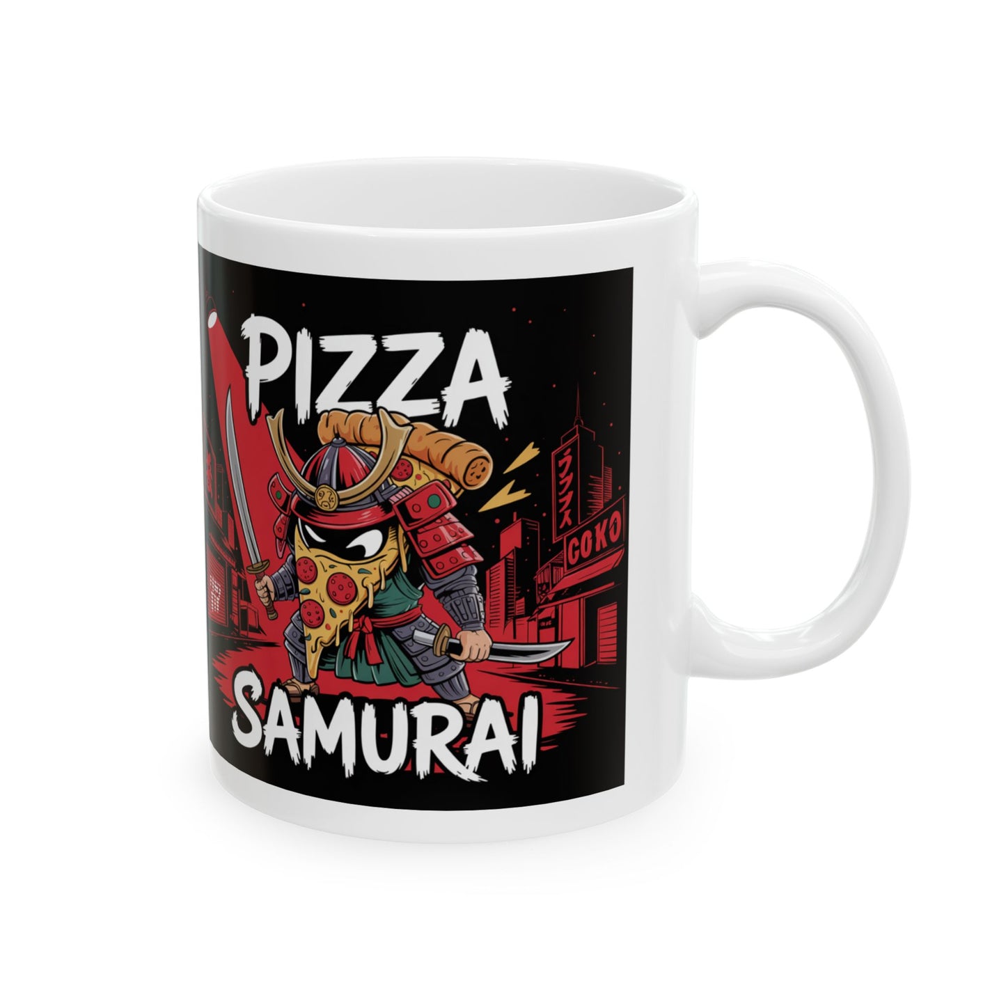 Pizza Samurai Ceramic Mug - Fun Anime Style Coffee Cup for Pizza Lovers